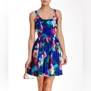 Amanda Uprichard ASO Cafe Island Blue‎ Floral Silk Fit & Flare Dress Size P (XS)
